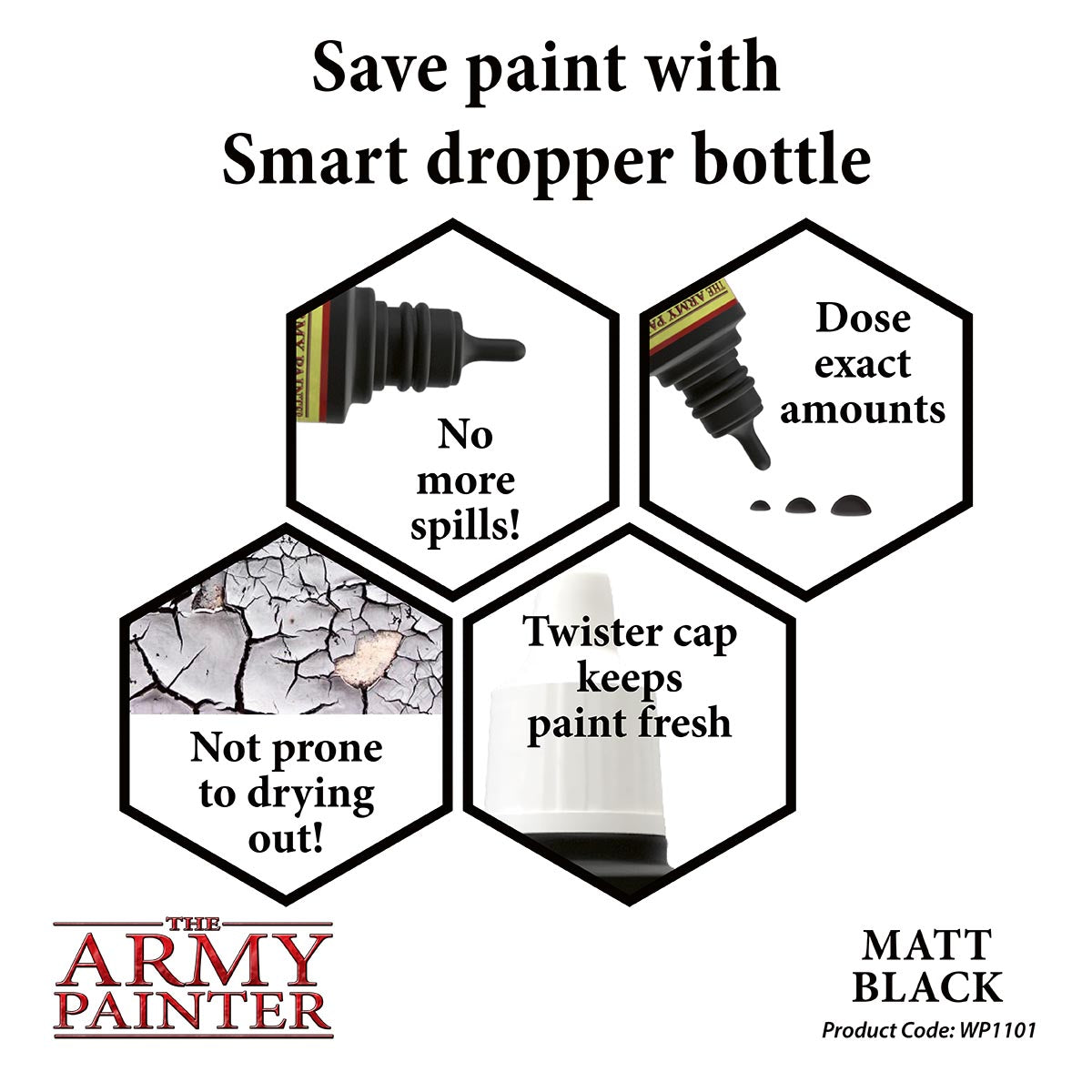 WP1102 Matt Black Army Painter Acrylic Warpaints Paint Dropper Bottle
