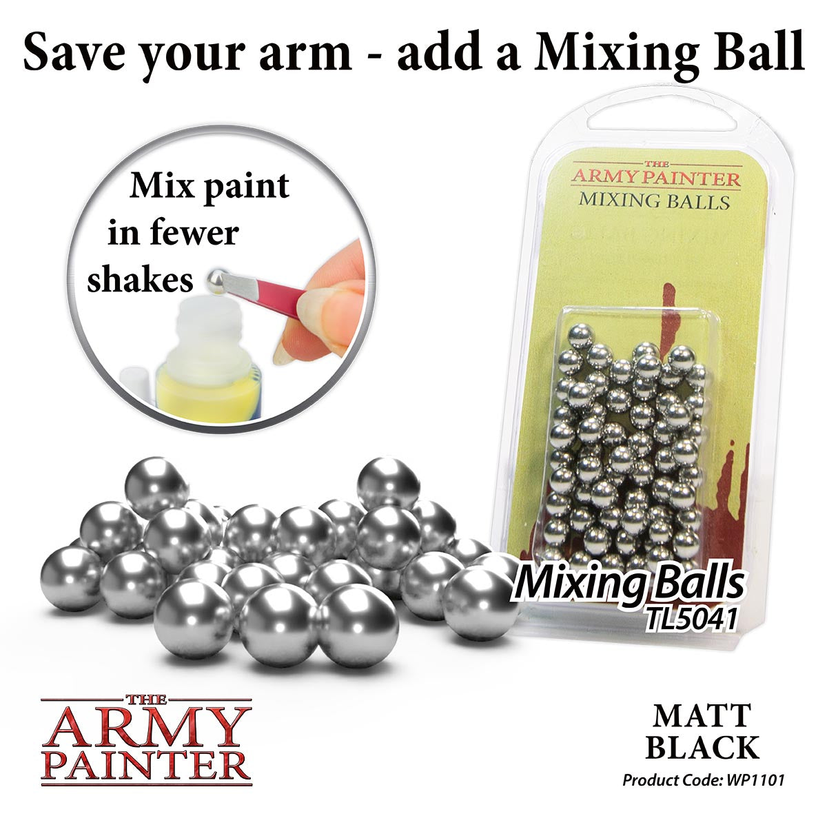 WP1102 Matt Black Army Painter Acrylic Warpaints Paint Add Mixing Balls